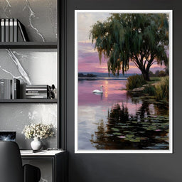 Swan Lake Sunset Willow Tree - NicheCanvas