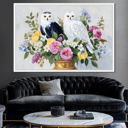 Snowy Owls Floral - NicheCanvas
