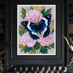 Blue Monarch on Pink Blossoms - NicheCanvas