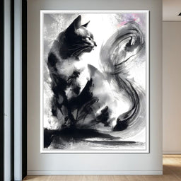 Sumi Ink Cat Reflecting Shadow - NicheCanvas
