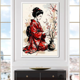 Japanese Woman with Cherry Blossoms - NicheCanvas