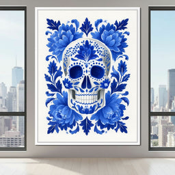 Blue Floral Sugar Skull Folkstyle - NicheCanvas