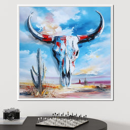 Desert Longhorn Skull Sunrise - NicheCanvas