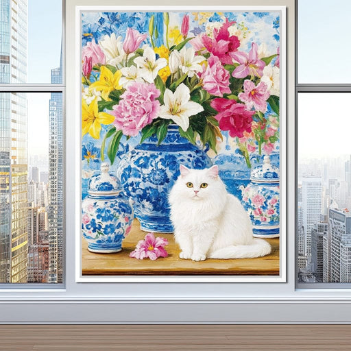 Floral Harmony and Feline Charm Canvas Print