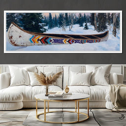 Painted Canoe Among Winter Pines - NicheCanvas