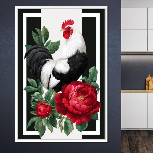 Rooster With Peony Garden Canvas Print