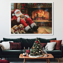 Santa Fireside Nap with Puppies - NicheCanvas