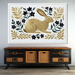 Golden Hare Botanical Folk Scene - NicheCanvas