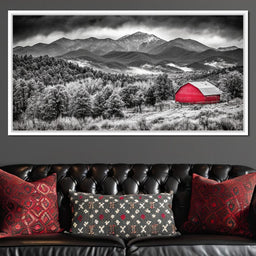 Red Barn in Monochrome Vista - NicheCanvas