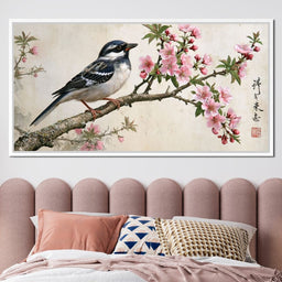 Small Bird Perched Upon Pink Petals - NicheCanvas