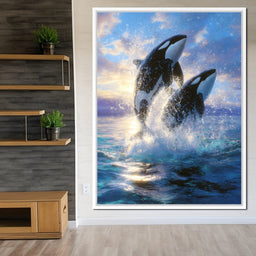 Breaching Orcas Dawn Ocean Dance - NicheCanvas