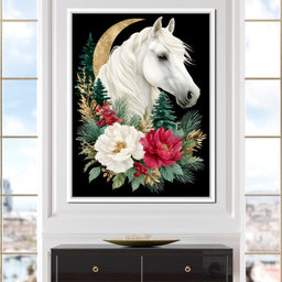 Moonlit Floral Gold White Horse - NicheCanvas