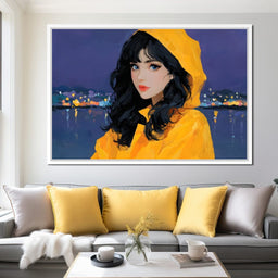 Raincoat Girl Under City Lights - NicheCanvas