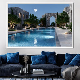 Moonlit Stone Courtyard Pool - NicheCanvas