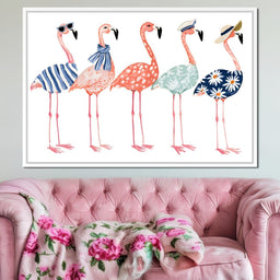 Four Stylish Flamingos on Summer Vacation - NicheCanvas
