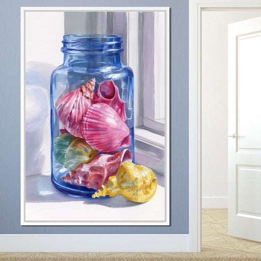 Seashells Jar Sunlit Window Canvas Print
