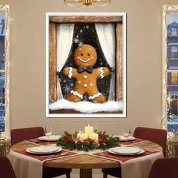 Gingerbread Joy At Snowy Window - NicheCanvas