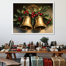 Golden Christmas Bells and Holly - NicheCanvas