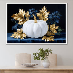 White Pumpkin And Golden Leaves - NicheCanvas