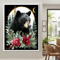 Moonlit Floral Gold Black Bear - NicheCanvas