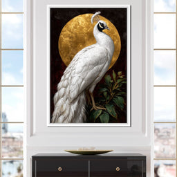Golden Halo White Peacock Pose - NicheCanvas