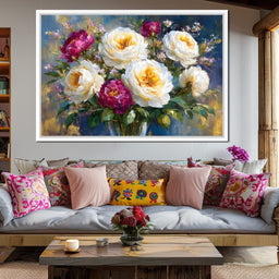 Golden Peonies on Blue Background - NicheCanvas
