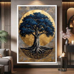 Golden Halo Blue Tree of Life - NicheCanvas
