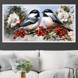 Two Chickadees Upon The Holly Branch - NicheCanvas