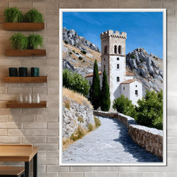 Mediterranean Stone Tower Pathway - NicheCanvas