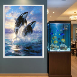 Breaching Orcas Dawn Ocean Dance - NicheCanvas