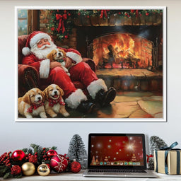 Santa Fireside Nap with Puppies - NicheCanvas