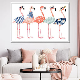 Four Stylish Flamingos on Summer Vacation - NicheCanvas