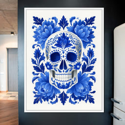Blue Floral Sugar Skull Folkstyle - NicheCanvas
