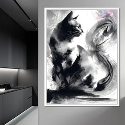 Sumi Ink Cat Reflecting Shadow - NicheCanvas