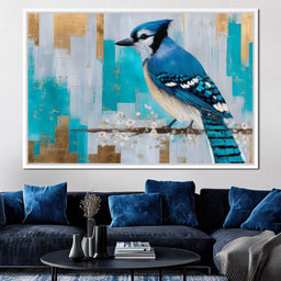 Blue Jay on Golden Birch - NicheCanvas