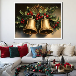 Golden Christmas Bells and Holly - NicheCanvas