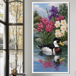 Duck Tranquility Floral Reflection - NicheCanvas