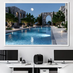 Moonlit Stone Courtyard Pool - NicheCanvas