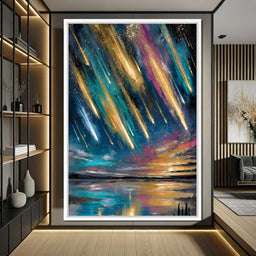 Golden Meteors Over Silent Lake - NicheCanvas