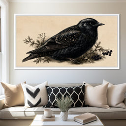 Solitary Starling Perched Upon Wild Berries - NicheCanvas