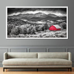 Red Barn in Monochrome Vista - NicheCanvas