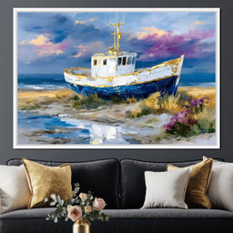 Coastal Boat Under Violet Sky - NicheCanvas