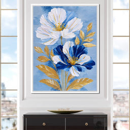 Blue White Peony Gold Leaf - NicheCanvas