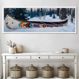 Painted Canoe Among Winter Pines - NicheCanvas