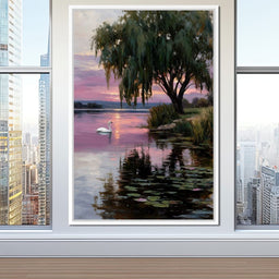 Swan Lake Sunset Willow Tree - NicheCanvas