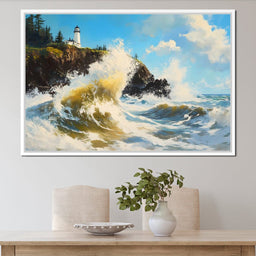 Towering Waves Against Lighthouse - NicheCanvas