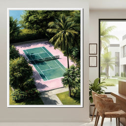 Palm Court Tennis Retreat Scene - NicheCanvas