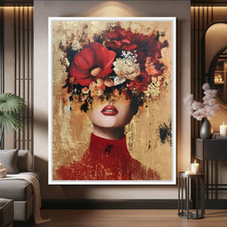 Gilded Red Floral Crown Portrait - NicheCanvas