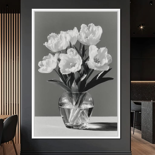 Monochrome Tulips Glass Vase Canvas Print