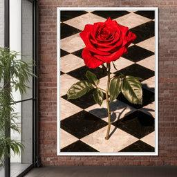 Red Rose on Checkerboard - NicheCanvas